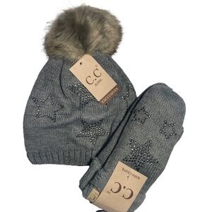 C.C Kids Light Mel Grey  beanie with Matching Mittens rhinestone stars pattern